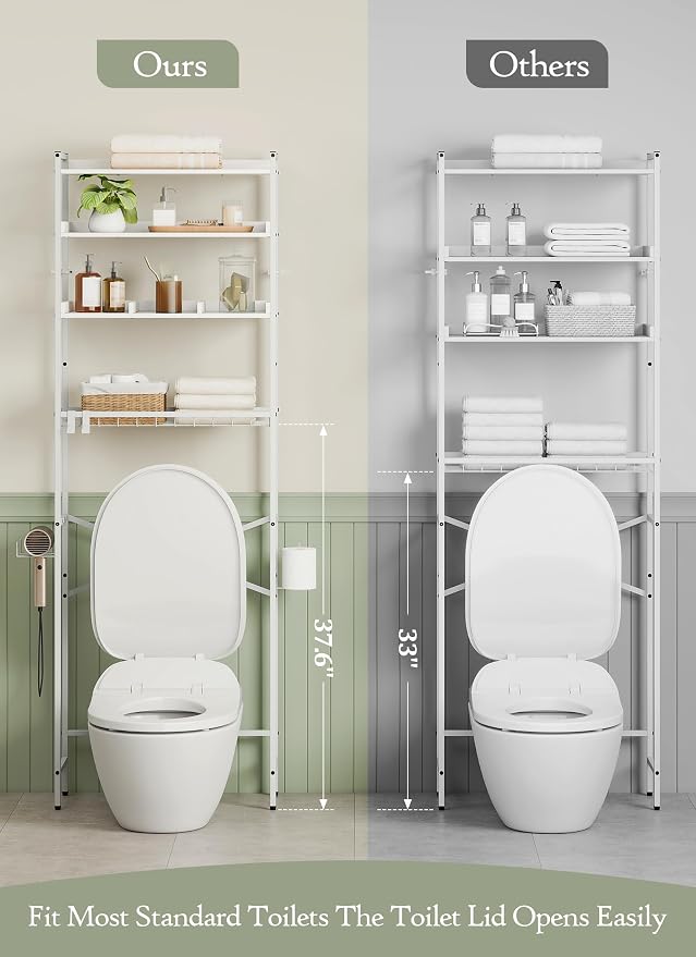 Quikraen 4 Tier Over The Toilet Storage Shelf with 3 Adjustable Shelves, Space Saver Bathroom Organizer with 4 Hooks, Freestanding Above Toilet Rack for Restroom Laundry (White) - Image 5