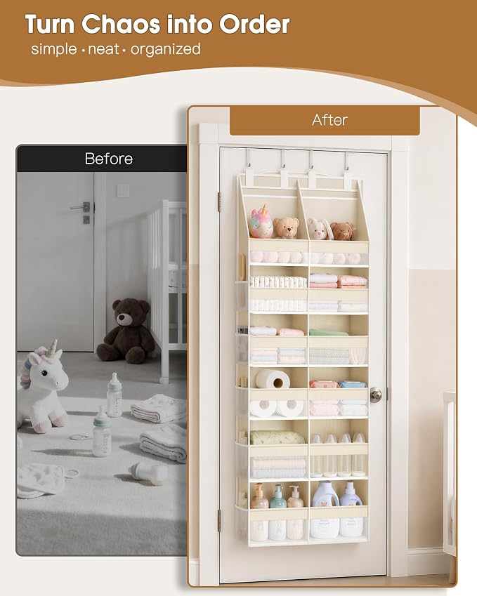 Criusia Over the Door Organizer, Extra Large 12 Compartments Closet Hanging Storage with 14 Mesh Pockets, 85lbs Capacity Behind the Door Storage for Baby Nursery, Bathroom, Bedroom, and Dorm, Beige - Image 6