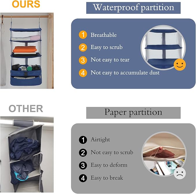 Surblue Hanging 3-Shelf Closet Organizer Pocket Collapsible Washable Oxford Fabric with 2 Hooks (L 11.41 * 11.41 * 19.68in, Blue) - Image 8