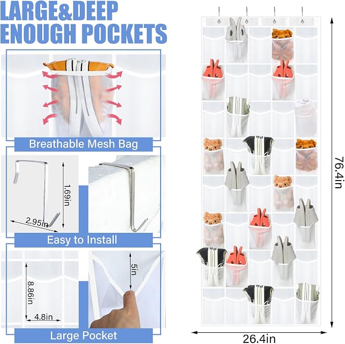 Windyun 1 Pcs 40 Pocket Over the Door Shoe Organizer Hang,White - Image 3