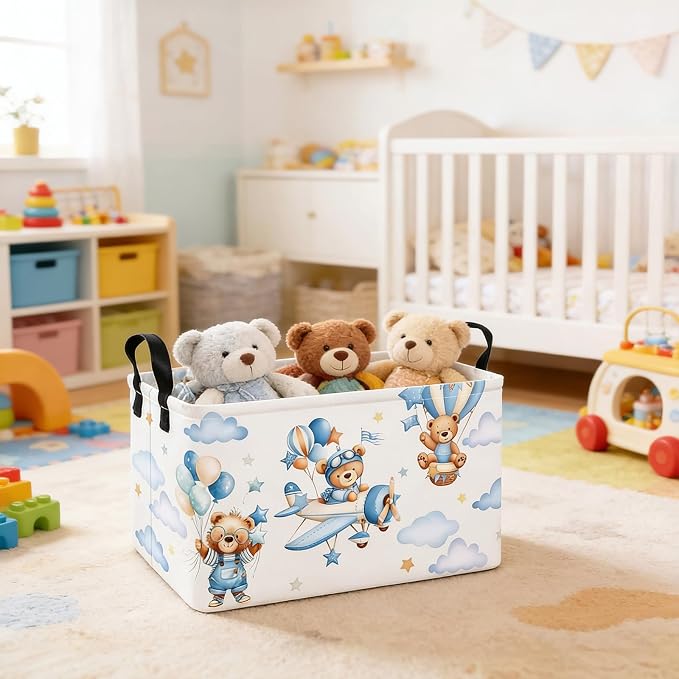 Rectangular Collapsible Laundry Basket with Side Handles, Blue Pilot Bear - Image 6