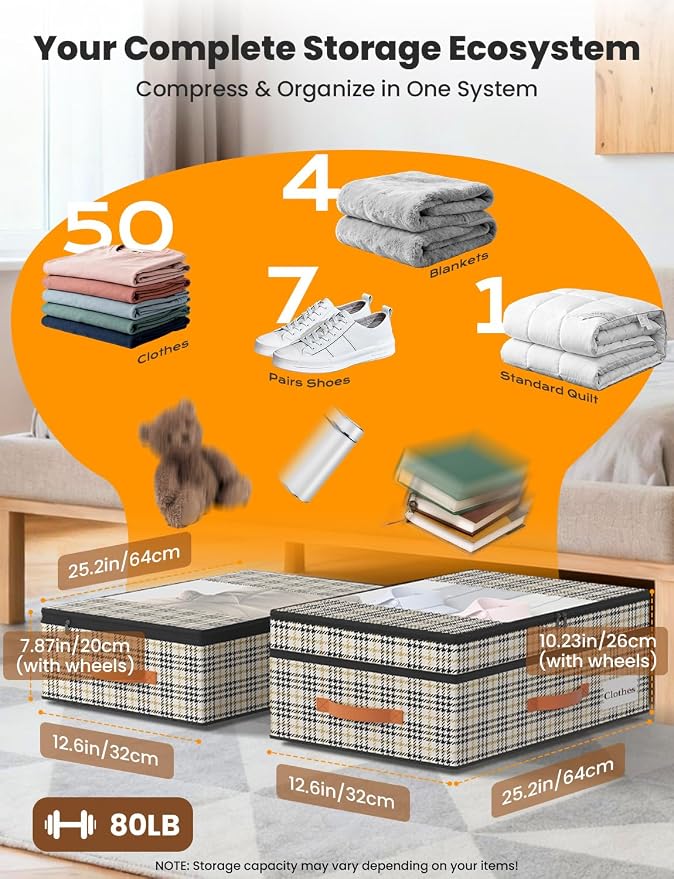 TOSKING 2-Pack Under Bed Storage Drawers with Wheels, 6 Vacuum Bags, Adjustable Height 7.9-10.2", 63L/80 lbs Clear Lid Rolling Bin, 900D Oxford, Space Saver for Dorm Bedroom Clothes Shoes, Houndstooth - Image 4