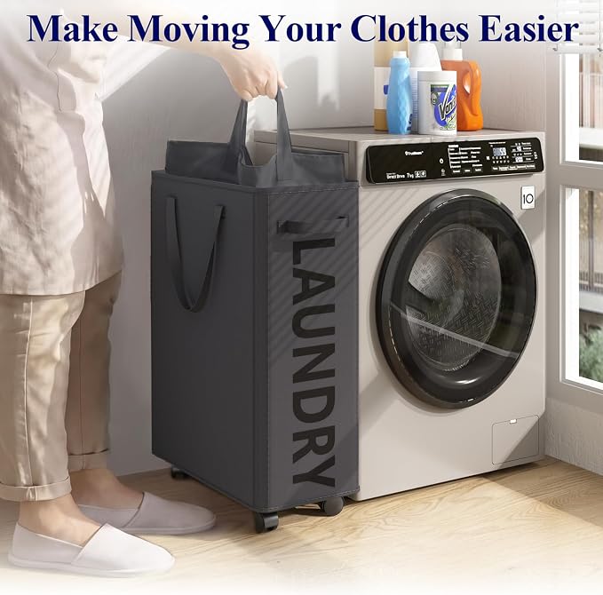 Optish 50L Slim Rolling Laundry Basket with Wheels & Removable Bag, Grey - Image 5