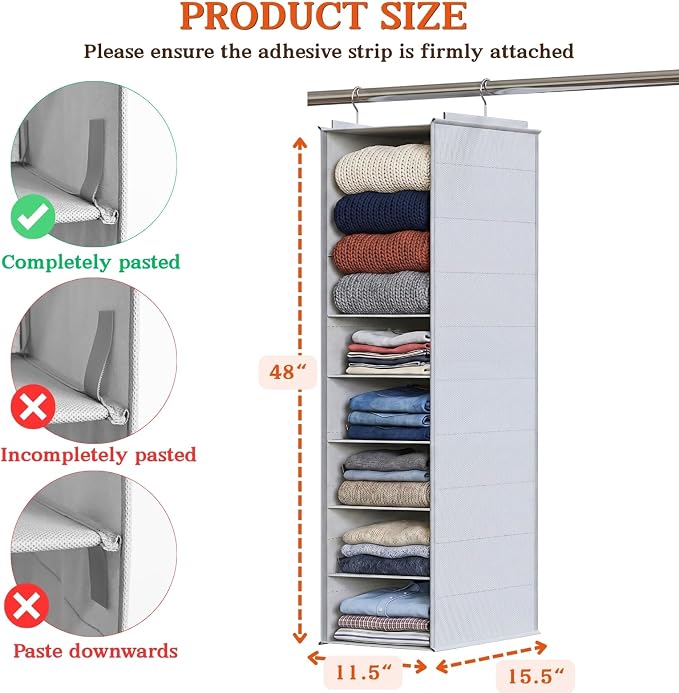 Deep Pocket Hanging Closet Organizer, 8 Tier Hanging Shoe Organizer | Adjustable Shelf Height Closet Organizers and Storage for Sweaters, Shoes, Hoodies & Blankets, Heavy Duty Hanging Shelves - Image 5