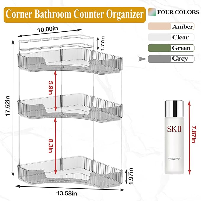 SUNZOS Modern 3-Tier Bathroom Organizer, Corner Makeup Storage with Brush Holder, Acrylic Vanity Organizer, Large Capacity Countertop Organizer for Kitchen, Dresser, Gray - Image 2