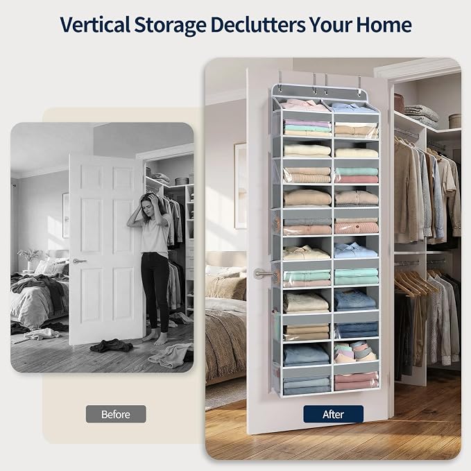Yecaye Over The Door Organizer, 6 Tier Extra Large Behind Door Storage of 12 Compartments, 80lbs Heavy Duty Door Organizer Hanging with Clear Window for Closet Bedroom Pantry Bathroom, Grey - Image 7