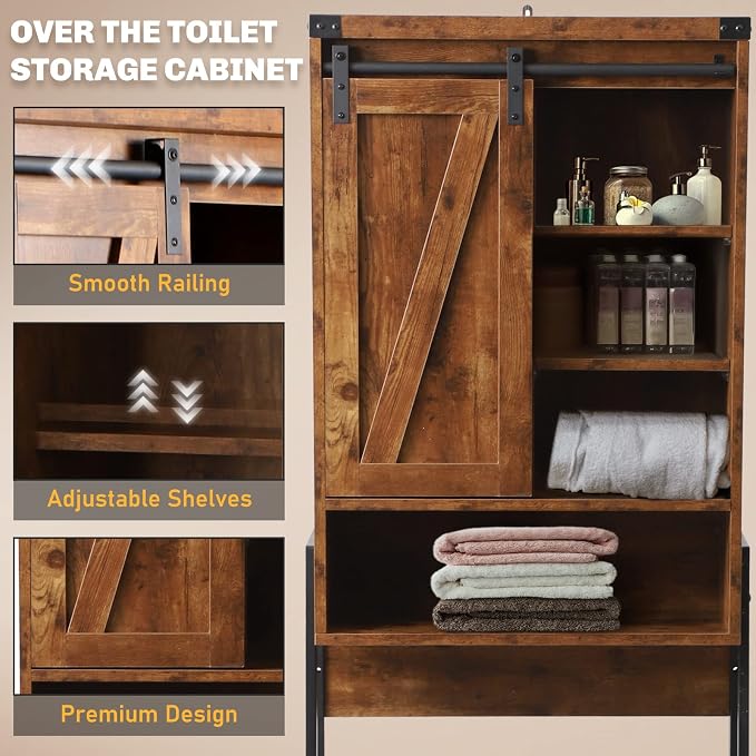 Over Toilet Storage Cabinet with Barn Door & Adjustable Shelves - Image 9