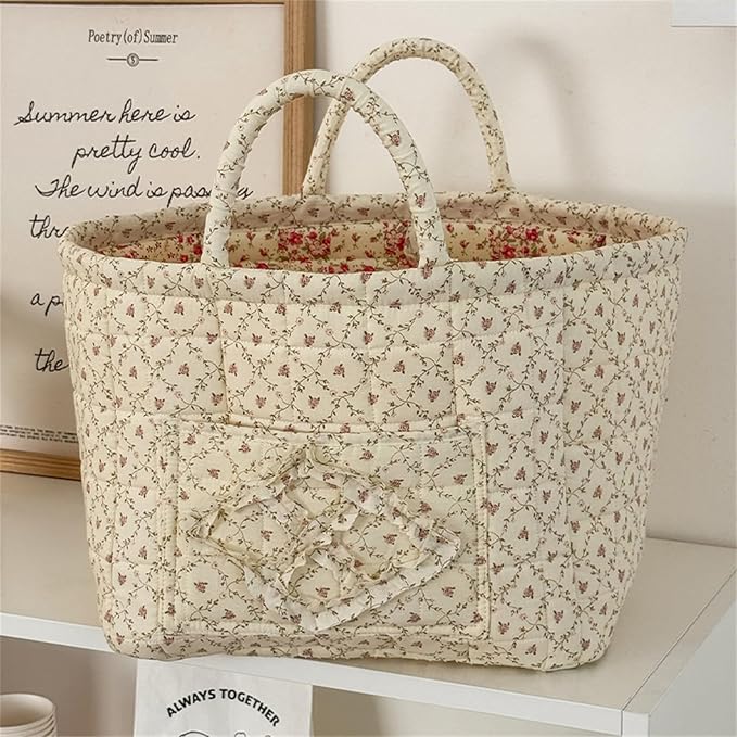 Quilted Fabric Storage Basket with Handles & Pocket, Foldable Laundry Hamper Boho Floral Print Organizer Bin for Home, Picnic, Office 12"x10"x10" (A-2) - Image 2