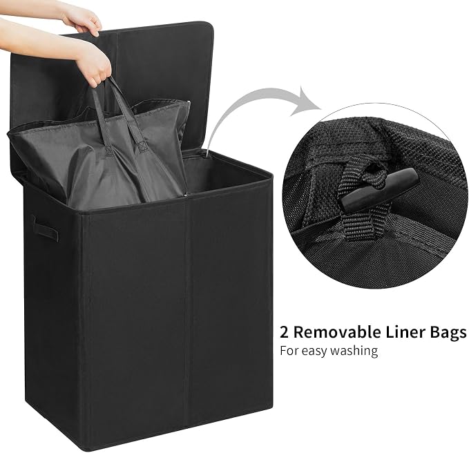 WOWLIVE 140L Double Laundry Hamper 2 Section with Lid and Removable Bags - Image 5