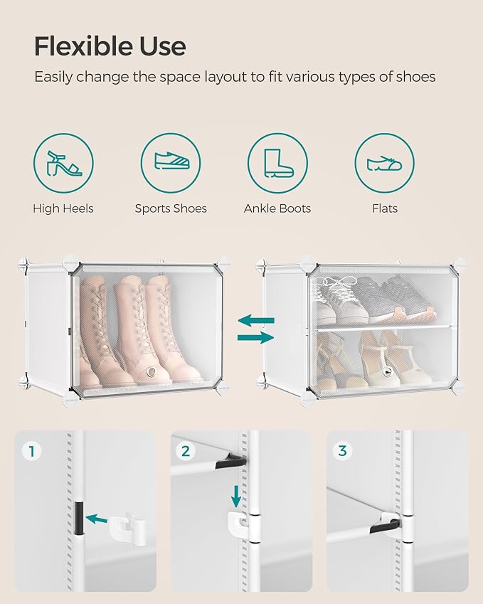 SONGMICS Shoe Rack, 4-Tier with Doors, 16-Pair Storage Cabinet | Shoe Organizer, Steel Frame, Plastic Panel, Bedroom, Entryway, Cloud White and Transparent, DAMION Collection ULPC032W01 - Image 7