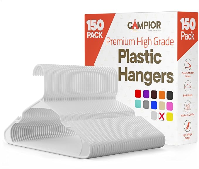 White Plastic Hangers 150 Pack– Heavy-Duty Plastic Hangers Slim and Space-Saving, Durable and Lightweight PP with Non-Slip Shoulder Notches for Slip Dresses, Suits, Jackets & Camisoles by Campior