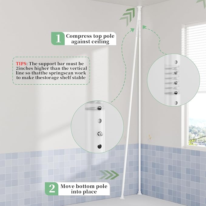akinbas Tension Pole Shower Caddy Organizer with 4 Tier L-Shaped Rust Resistant Bathroom Corner Shelves with 34-124 Inch Adjustable No Drilling Quick Install Shower Rack for Bath Essentials (White) - Image 5
