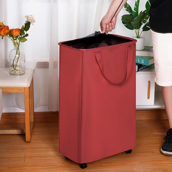 efluky Slim Laundry Hamper with Wheels, Rolling Laundry Basket for Clothes, Small Laundry Basket for Bedroom, Dorm and Laundry Room, 75L (19.8 Gallons) Red - Image 4