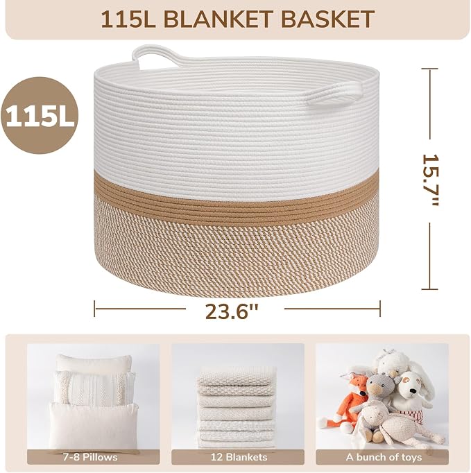 INDRESSME 115L Extra Large Woven Rope Blanket Basket Living Room WhiteCamel - Image 2