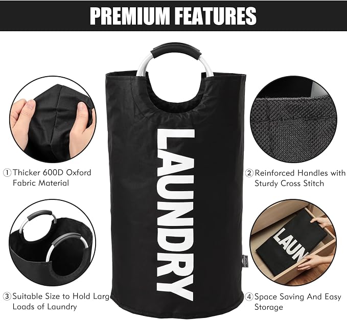 DOKEHOM 125L X-Large Laundry Basket Bag, Collapsible Tall Hamper, Black - Image 6