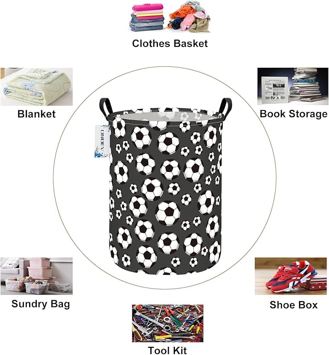 Round Soccer Ball Print Laundry Hamper, Cotton Canvas Storage Bin - Image 3