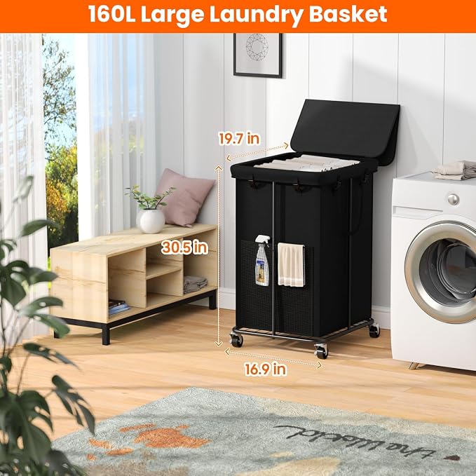 160L Laundry Hamper with Lid & Wheels, Rolling Laundry Basket with Bag - Image 2