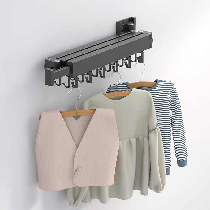ZdwCyl Clothes Drying Rack Wall Mounted,Laundry Rack Wall Wount,Drying Rack Clothing for Laundry,Retractable Dryer Racks,Wall Mounted Drying Rack Collapsible, Black, Sandy Coating,3z-b01 - Image 8