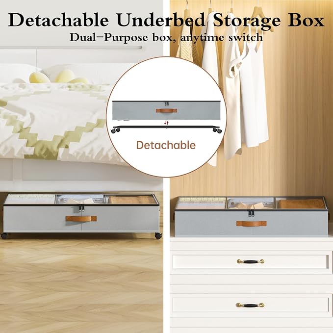 Yecaye Under Bed Storage with Wheels, 2 Pack Under Bed Storage Containers with Adjustable Dividers & Clear Window, Rolling Underbed Organizer Bins Drawers for Clothes, Shoes, Blankets, Grey - Image 5