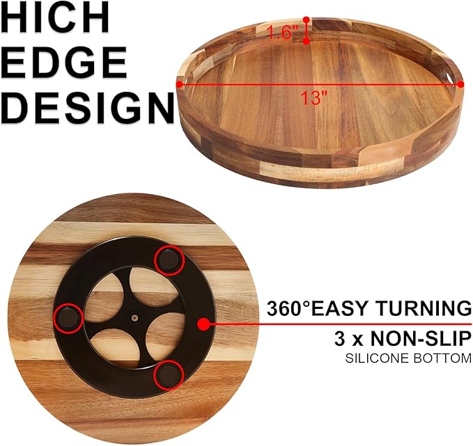 Acacia Wooden Lazy Susan for Table Top-12 Inch Wooden Lazy Susan Turntable with Double Handle-Large Acacia Wooden-Spice Organizer for Countertop, Table, Cabinet - Image 2