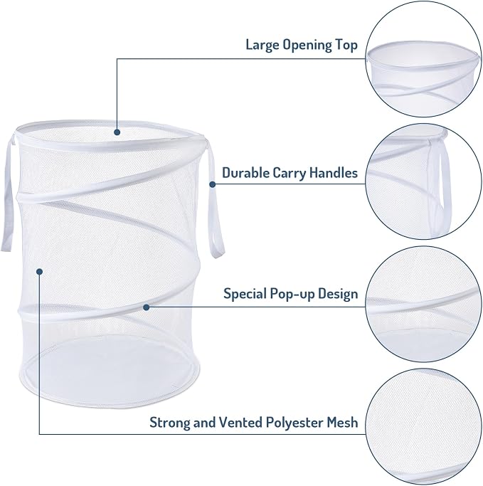 Seiritex Mesh Popup Laundry Hamper 115L Collapsible Laundry Basket Extra Large Capacity Foldable Clothing Storage Basket with Handles No Lid 26 H x 18 W x 18 L (White) - Image 3