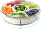 Divided Rotating Serving Tray with Lid and Handle, Portable Snackle Box for Fruits Snacks Veggie Charcuterie, Clear Lazy Susan Organizer and Fridge Storage Container for Adults Child (1PCS,12" L by BigPonPon
