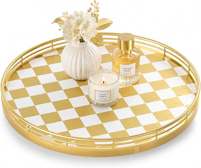 AMH 12-Inch Gold and White Checkerboard Lazy Susan with Metal Rail by AMH