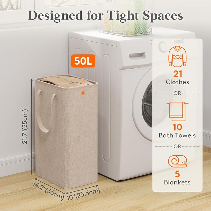 Lifewit Slim Collapsible Laundry Basket with Handles, 50L, Beige - Image 2