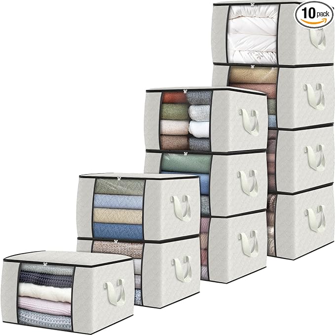 Fab totes 10 Pack Storage Bags for Clothes Blanket Storage Bins with Lids | Foldable Closet Organizers with Zippers,Window and Handles,Fabric Storage Bins for Sweater,Comforter,Bedding,Dorm essentials by Fabtotes