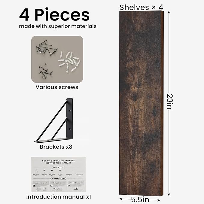 BAYKA Wall Shelves for Bedroom Decor, Wood, Rustic Brown, Set of 4, 23in - Image 2