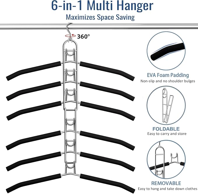 Clothes Hangers Space Saving, Newly Upgraded Detachable Shirt Hangers, 6-Tier Foldable Coat Hanger with 360° Swivel Hook for Closet Organizers and Storage Shirt,Sweater,Suit - 4 Pack, Patent Pending - Image 6