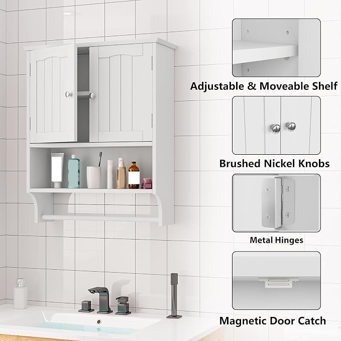 Bathroom Cabinet, White Bathroom Wall Cabinet with 2 Doors and Adjustable Shelf, Wall Mount, Towel Rack, Over The Toilet Storage Cabinet, Medicine Cabinet - Image 5