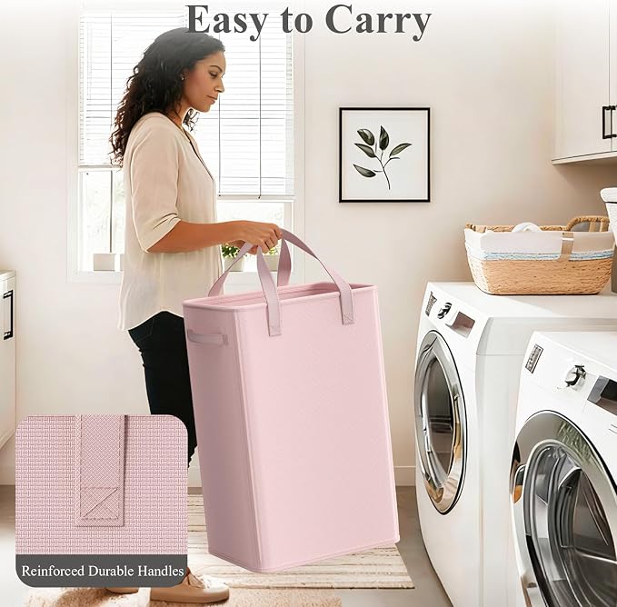 Optish 75L Pink Slim Laundry Hamper, Large Laundry Basket with Handles, Baby Hamper for Nursery, Dorm, Bedroom, Living Room, Collapsible Laundry Basket - Image 5