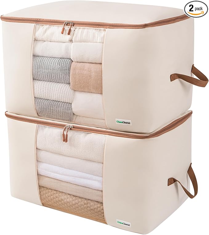 Chaos Cleared Canvas Storage Bags Designer Organizer for Comforters 2 Pack – Seasonal Storage for Pillows, Blankets, Linens & Garments – Foldable Design with Zip & Window, Moth-Proof Space Saver by ChaosCleared