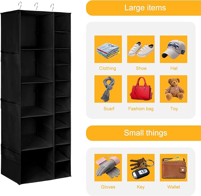 Libeder Shoe Organizer for Closet, 15 Shelf Hanging Closet Storage Shelves - 10 Shoe Rack Organizer and 5 Compartment for Clothes with 6 Side Mesh Pockets for Scarf, Socks,Gloves, Black - Image 4