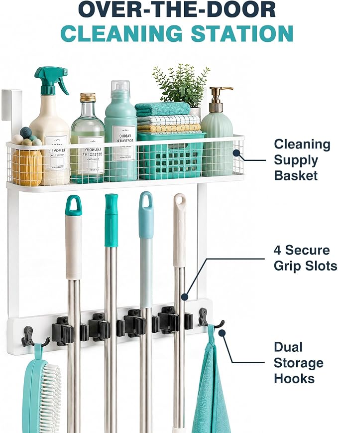 BS-VOG Over the Door Broom Holder with Basket, Wooden Mop & Broom Organizer - Image 2