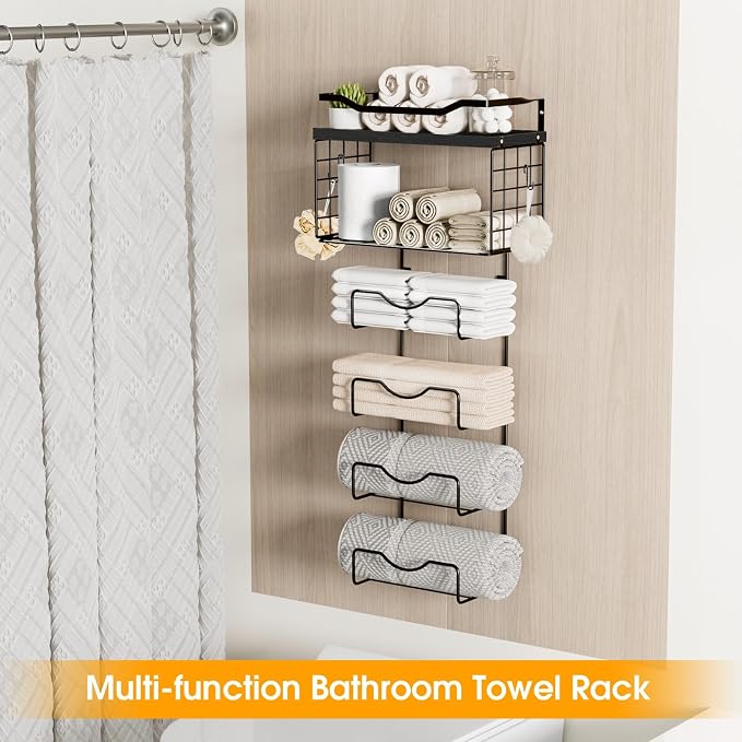 Towel Racks for Bathroom,Towel Rack Wall Mounted, 6 Tier Rolled Or Folded Towel Holder with Floating Shelves, Bathroom Towel Holder for Bath, Hand Towels,Metal and Wood,Full Black - Image 2