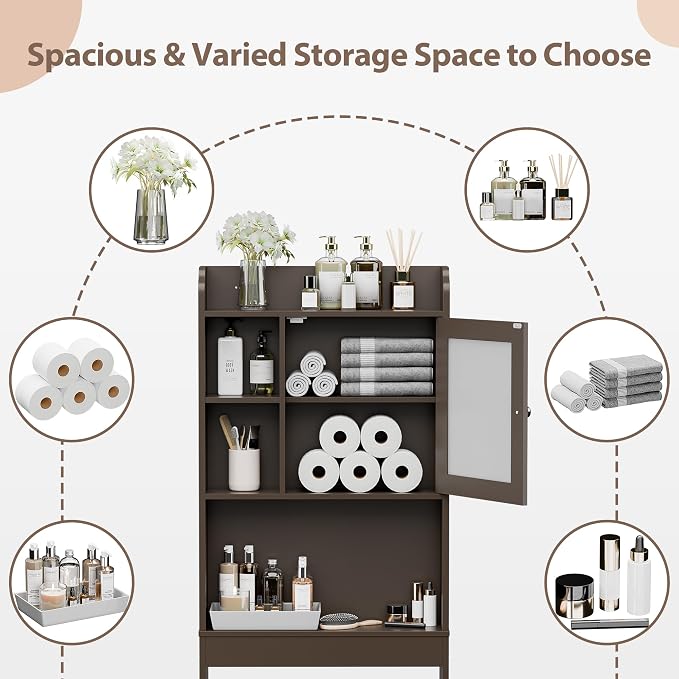 ZenStyle Over The Toilet Cabinet Double Door Wood Bathroom Storage Organizer with Adjustable Shelves, Cubby and Tempered Glass Door (Brown) - Image 7