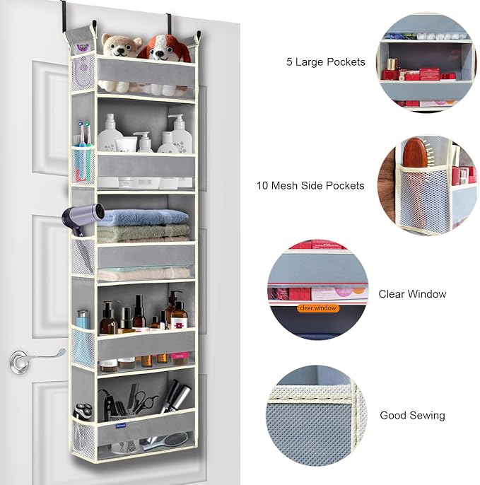 Over The Door Organizer 5-Shelves and 10 Side Pockets, Over The Door Storage for Bathroom Bedroom Nursery, Hanging Door Organizer for Baby Diapers and Kids Toys (13"x5"x44", Grey) - Image 4