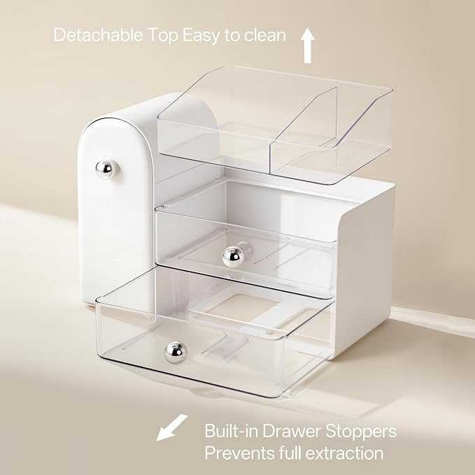 HBlife Makeup Organizer Countertop with Drawers, Vanity Organizers with Brush Holder, Bathroom Counter Organizer for Perfume, Nail Polishes, Lipsticks, Skincare and Eyeshadow Palettes, White Sliver - Image 5