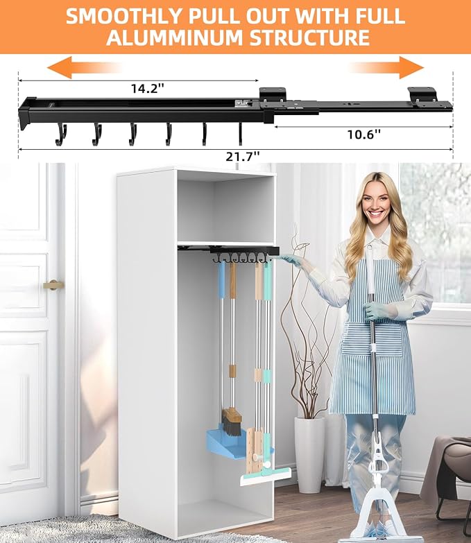 Pull Out Broom Holder With Adjustable Double Row Sliding Hook-Black 14.2IN - Image 3
