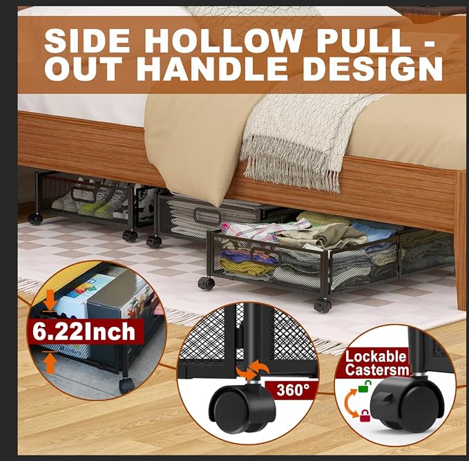 Under Bed Storage Containers,4 Pack Foldable Underbed Storage Containers with Handles and Wheels,Folding Bed Shoes Clothes Organizer,Easy Assembly Underbed Storage for Toy,Bedding,Bedroom(Black) - Image 2
