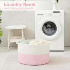 Foldable Laundry Hamper Basket with Collapsible Handle Cotton Rope Soft Woven Fabric Storage Organizer Clothes Toys Nursery Bedroom Dorm Space Saving Bin (White & Pink, 115L(23.6"D x 15.7"H)) - Image 7