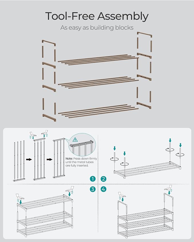 SONGMICS Shoe Rack, 3-Tier Shoe Organizer, Metal Storage Shelf | for Entryway, Upright or Upside Down, for 16-20 Pairs, Stackable, 11.8 x 36.2 x 21.7 Inches, Walnut Brown ULSA303K01 - Image 5