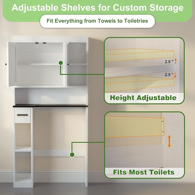 Over The Toilet Storage Cabinet with 7 Shelves, Imitation Walnut Grain Above Toilet Bathroom Organizer with Toilet Paper Holder Stand, Space Saver for Restroom, Laundry, Bathroom (White) - Image 8