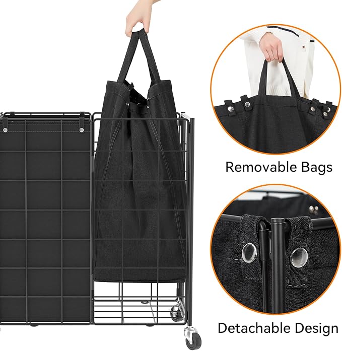 WOWLIVE Double Laundry Hamper with Wheels, Metal Rolling Laundry Basket - Image 6