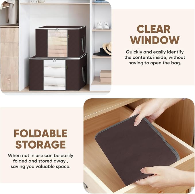 BALEINE 3 Pack Clothes Storage Bags, 24 Gallon Storage Containers with Reinforced Handle, Sturdy Zipper, Closet Organizer for Blanket, Comforter, Pillow, Bedding (Brown, 3 Pack) - Image 4