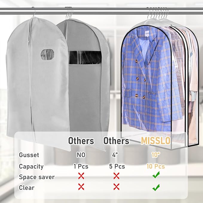 MISSLO 32" All Clear Garment Bags for Hanging Clothes 10" Gusseted Suit Bags for Closet Storage Suit Cover Hanging Clothes Storage for Shirts, Coats, 3 Packs - Image 3