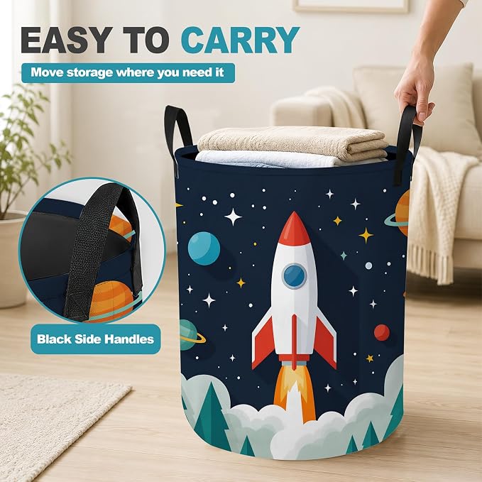 Rocket Outer Space Collapsible Laundry Hamper,Planet Stars Waterproof Oxford Cloth Clothes Basket with Handles for Bathroom Bedroom Nursery Dorm Room,16" x 20" - Image 5