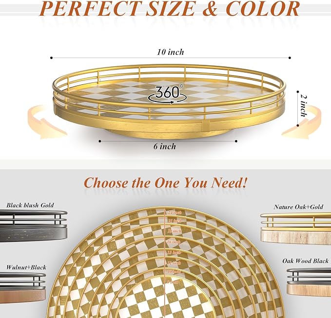 AMH 10-Inch Gold Checkerboard Lazy Susan Vanity Tray with Metal Rail - Image 6